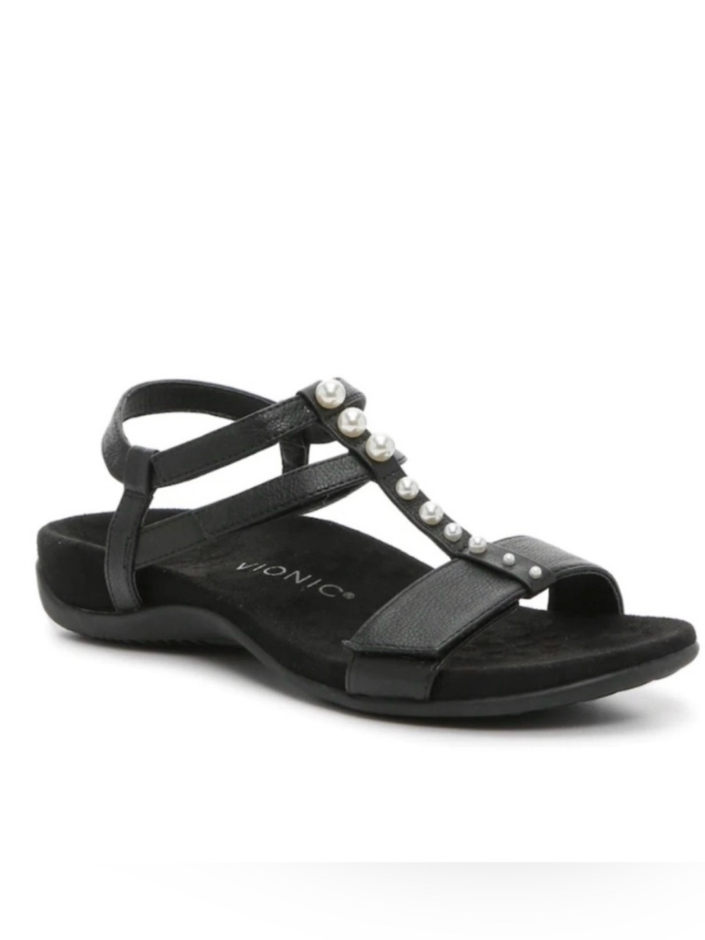 VIONIC Mikah Black Pearl Studded Comfort Sandals Cushioned Adjustable Size 9.5